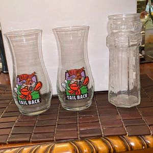 2 Vintage Red Lobster Tail Back gasses and 1 Red Lobster Lighthouse Vase